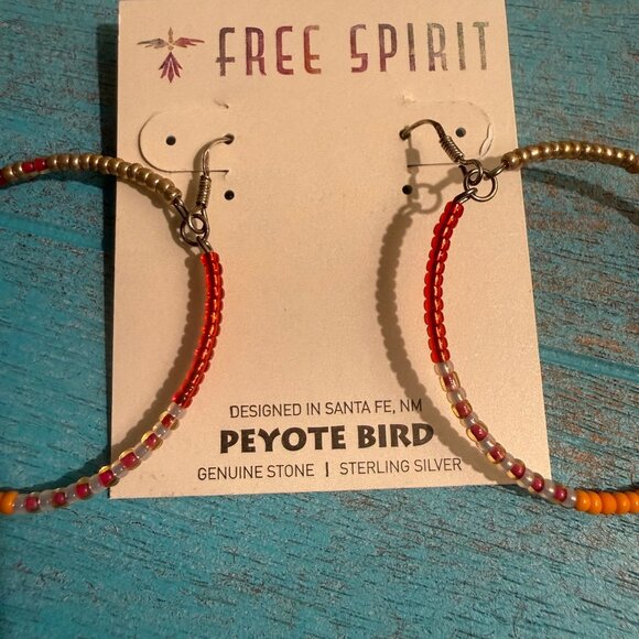 NWT Peyote Bird Free Spirit Silver Hoops w/ Red Beaded Accent Earrings - Picture 3 of 5